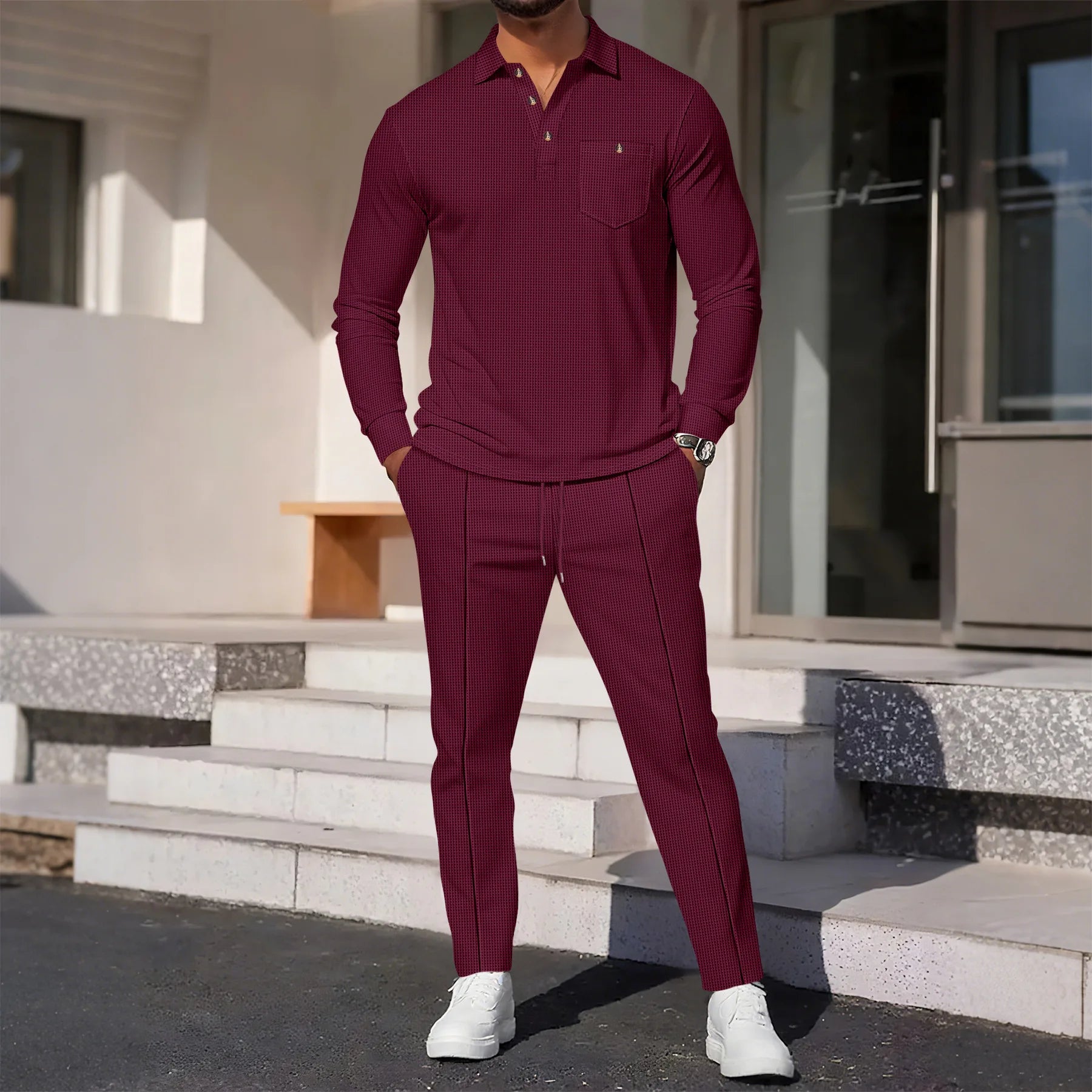 Men's Waffle Knit Long Sleeve Polo Shirt Tracksuit Button Detail Casual Two-Piece Comfortable Daily Wear Sports Outfit