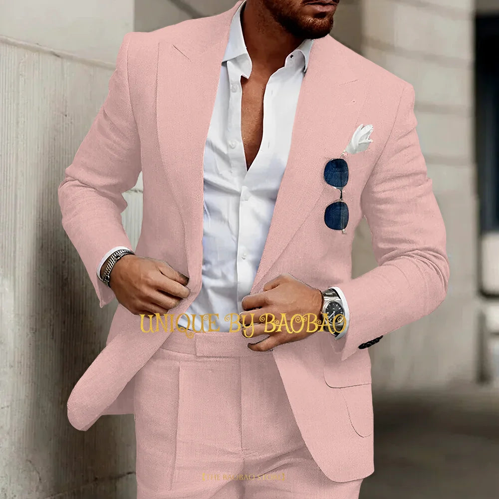 Summer Men's Linen Suit 2 Pieces (Jacket+Pants) Slim Fit Wedding Groomsmen Banquet Dating Cocktail Prom Party Custom Tuxedo