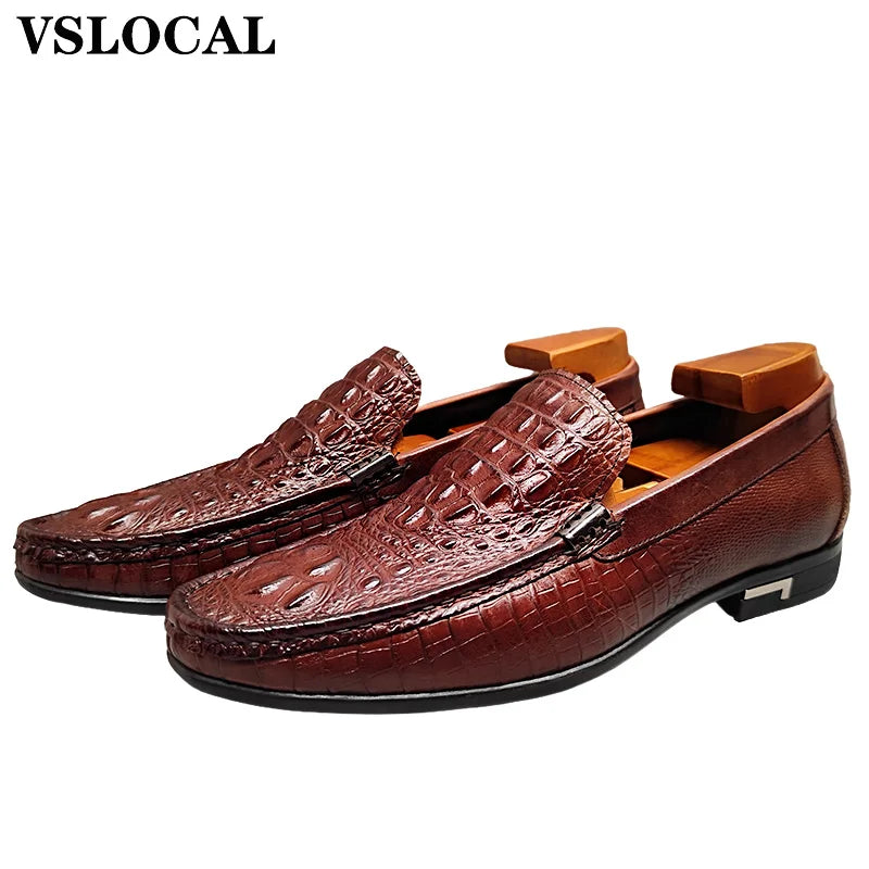 Luxury Genuine Leather Men Shoes Black Brown CROCO Prints Slip on Casual Mens Dress Shoes Wedding Office Loafers For Man