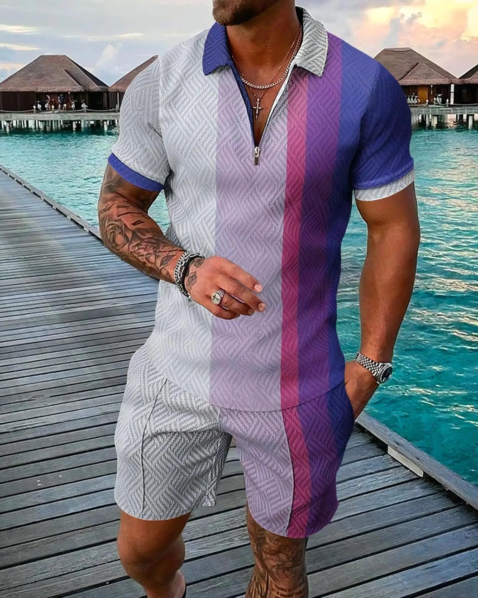3D Digital Printed Men's 2 Piece Sets Polo Shirt+Shorts Streetwear Casual Short Sleeve Zipper Shirt Male Beach Trunks Men Outfit