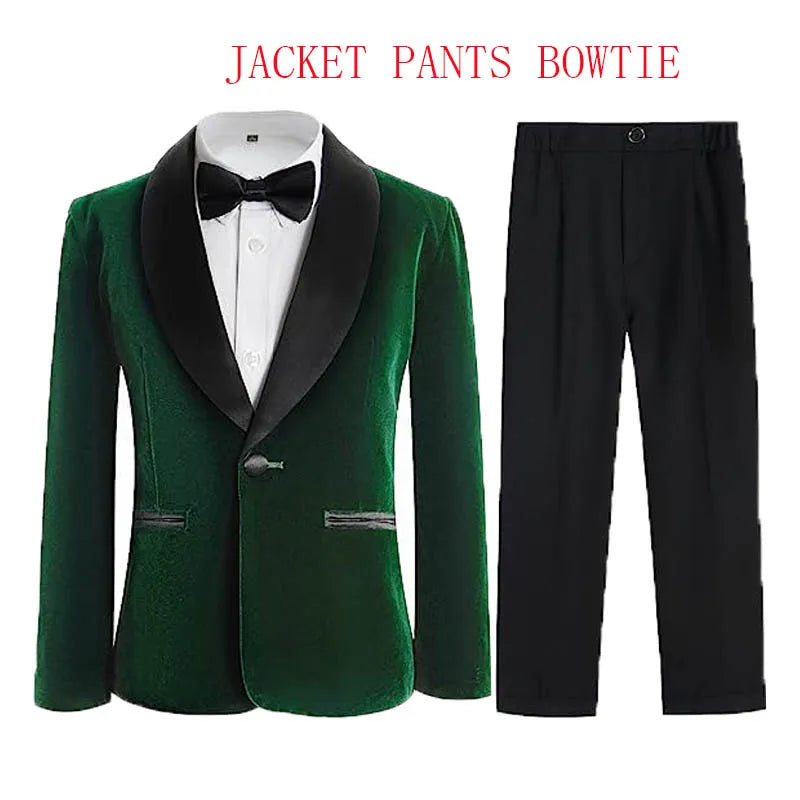 Boys Velvet Blazer Jacket Pants Bowtie 3PCS Photograph Suit Kids 1Year Birthday Dress Children Wedding Performance Evening Set