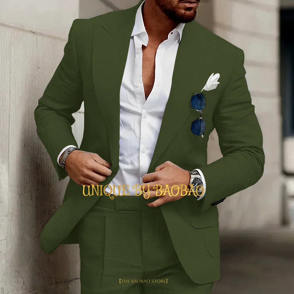 Summer Men's Linen Suit 2 Pieces (Jacket+Pants) Slim Fit Wedding Groomsmen Banquet Dating Cocktail Prom Party Custom Tuxedo