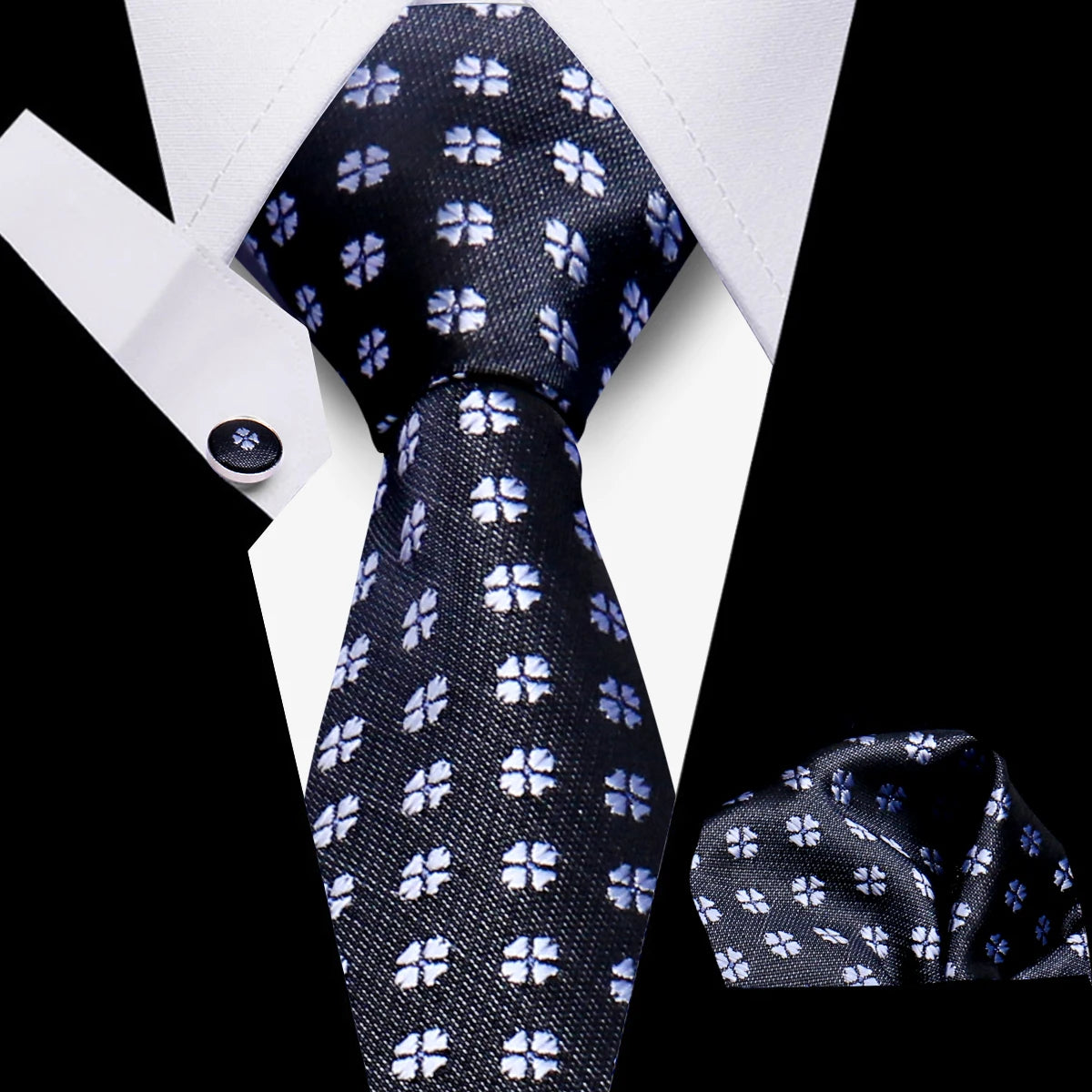 Tie Man Luxury Business Neck Tie For Mens Cufflinks Pocket Square Set 7.5cm Necktie For Wedding Party Shirts Sets White Cravats