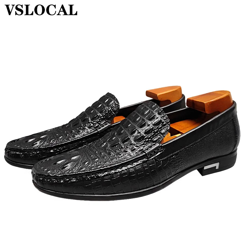 Luxury Genuine Leather Men Shoes Black Brown CROCO Prints Slip on Casual Mens Dress Shoes Wedding Office Loafers For Man