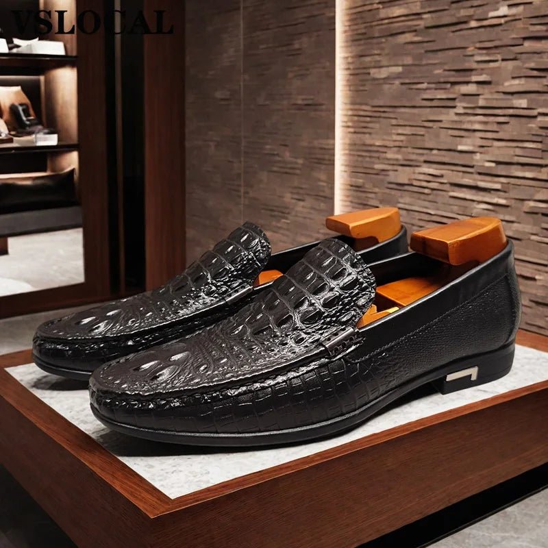 Luxury Genuine Leather Men Shoes Black Brown CROCO Prints Slip on Casual Mens Dress Shoes Wedding Office Loafers For Man