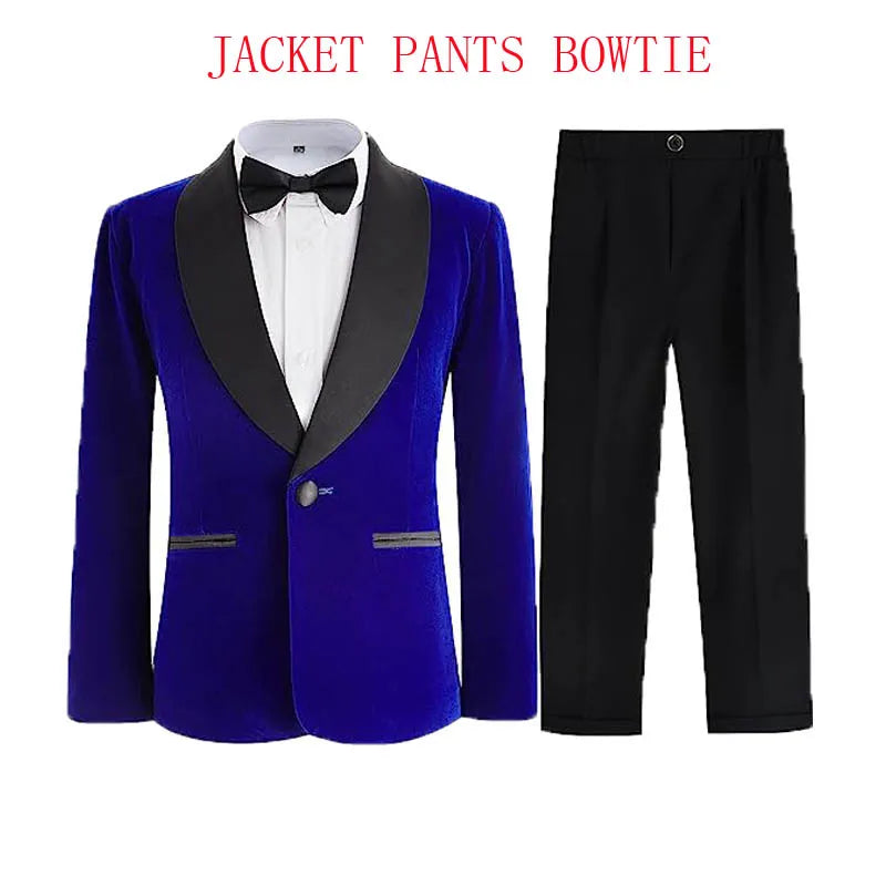 Boys Velvet Blazer Jacket Pants Bowtie 3PCS Photograph Suit Kids 1Year Birthday Dress Children Wedding Performance Evening Set