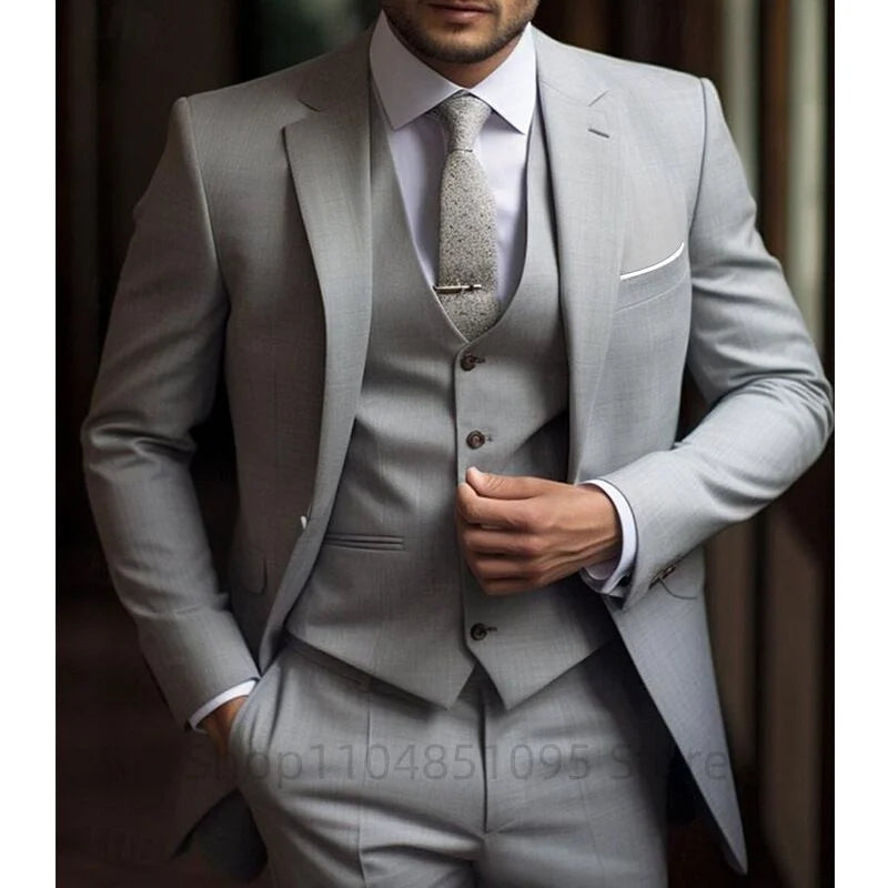 High Quality Beige Men Suits Notc Lapel Slim Fit Men Clothing Elegant Wedding 3 Piece Jacket Vest Pants Sets for Business Party