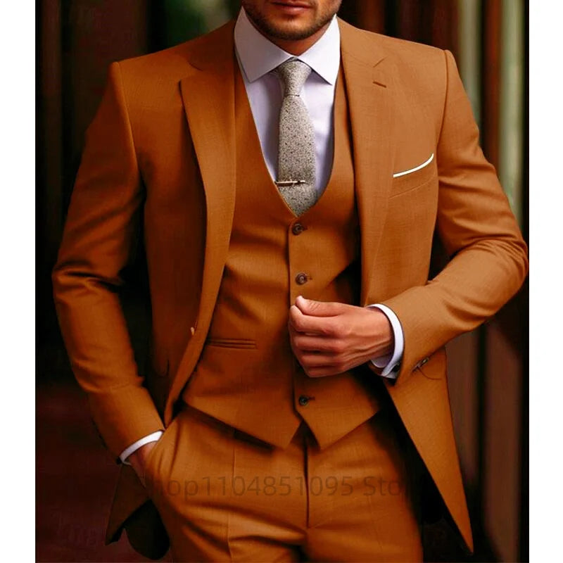 High Quality Beige Men Suits Notc Lapel Slim Fit Men Clothing Elegant Wedding 3 Piece Jacket Vest Pants Sets for Business Party