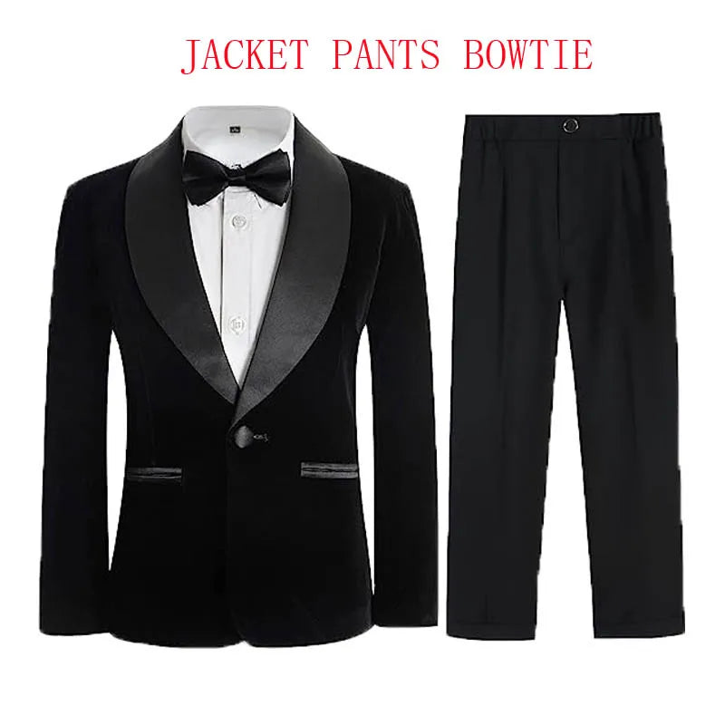 Boys Velvet Blazer Jacket Pants Bowtie 3PCS Photograph Suit Kids 1Year Birthday Dress Children Wedding Performance Evening Set