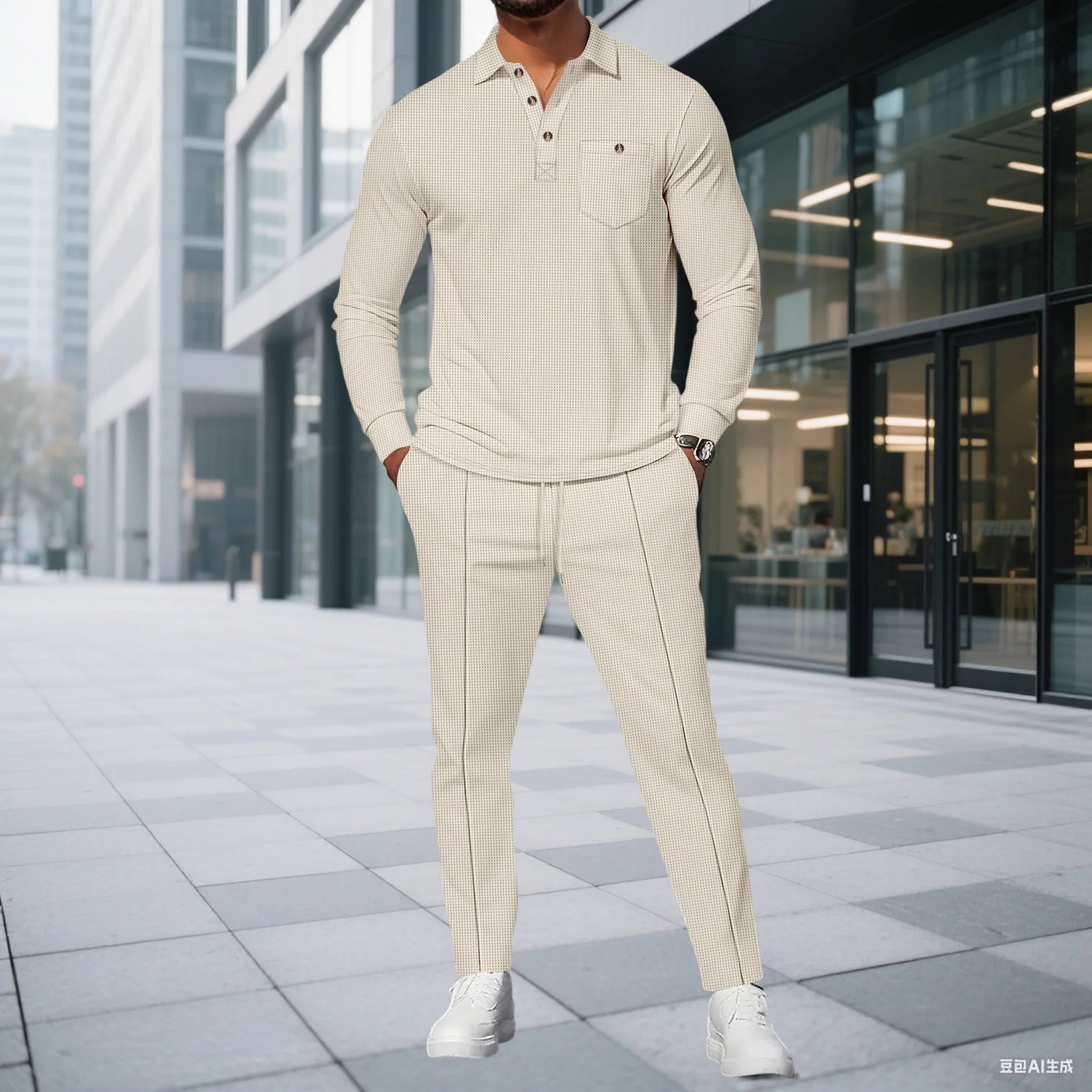 Men's Waffle Knit Long Sleeve Polo Shirt Tracksuit Button Detail Casual Two-Piece Comfortable Daily Wear Sports Outfit
